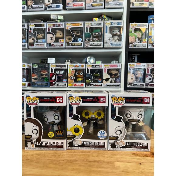 3 Terrifier Funko Pops EXC Art Clown Glasses Little Pale Girl Glow Horor Movies - Picture 1 of 1